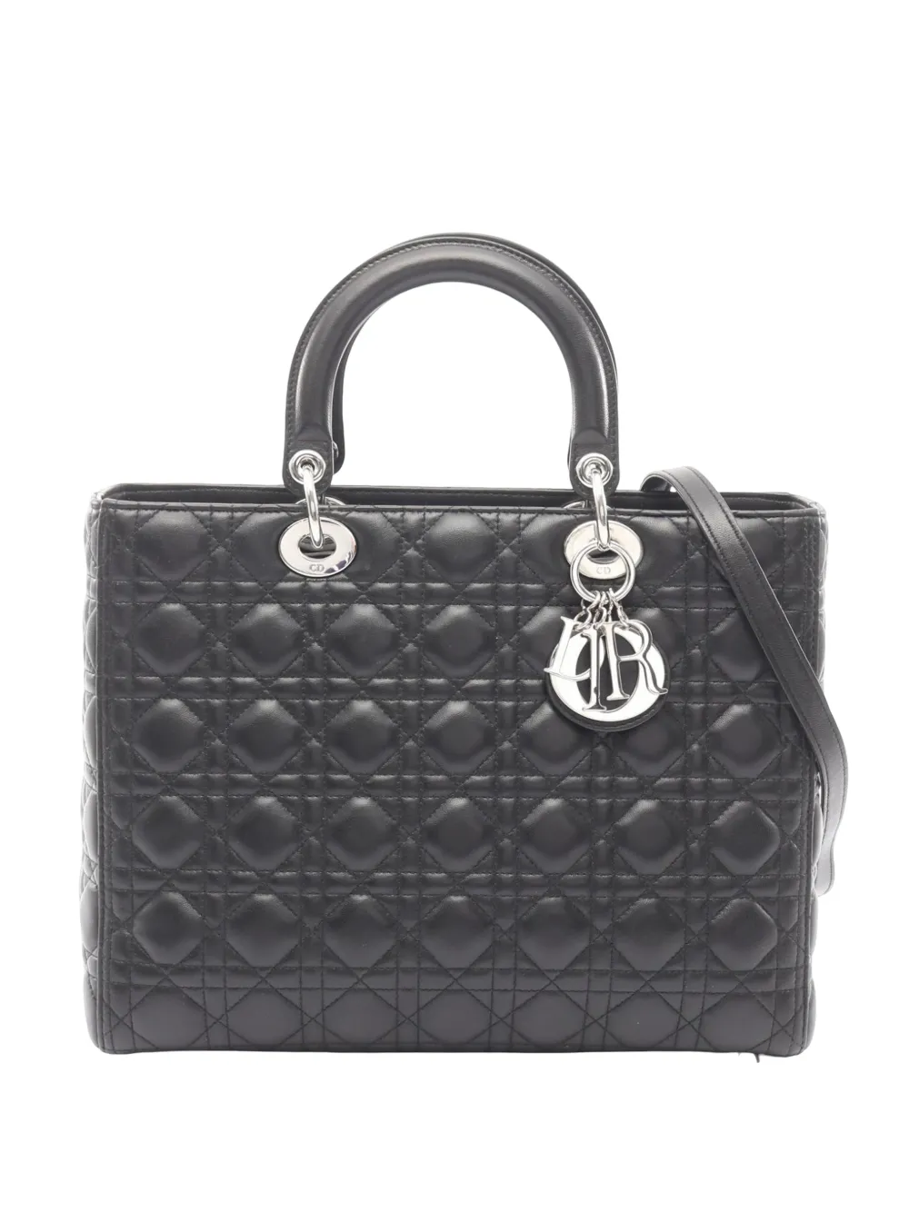 Pre-owned Dior 2010-2026 Large Lambskin Cannage Lady  Satchel In Black