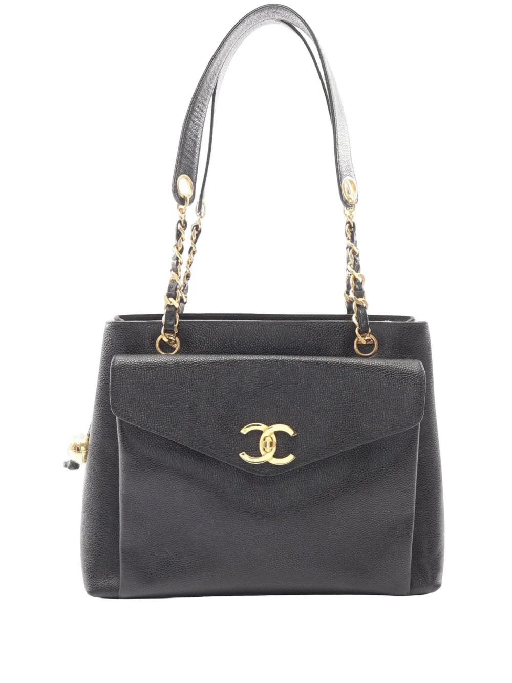 Pre-owned Chanel 1994-1996 Cc Caviar Turnlock Envelope Pocket Shoulder Bag In Black