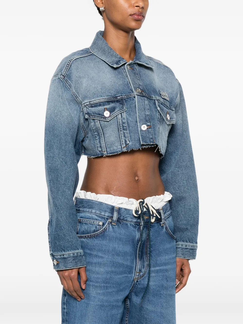 Miu Cropped spijkerjack met geborduurd logo Blauw