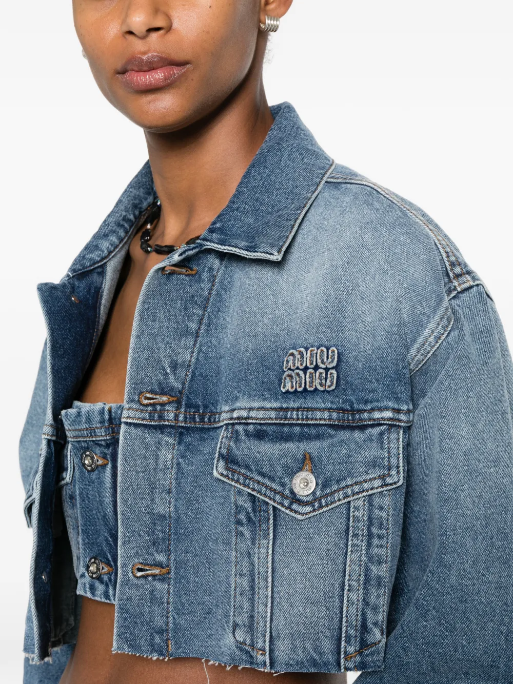 Miu Cropped spijkerjack met geborduurd logo Blauw
