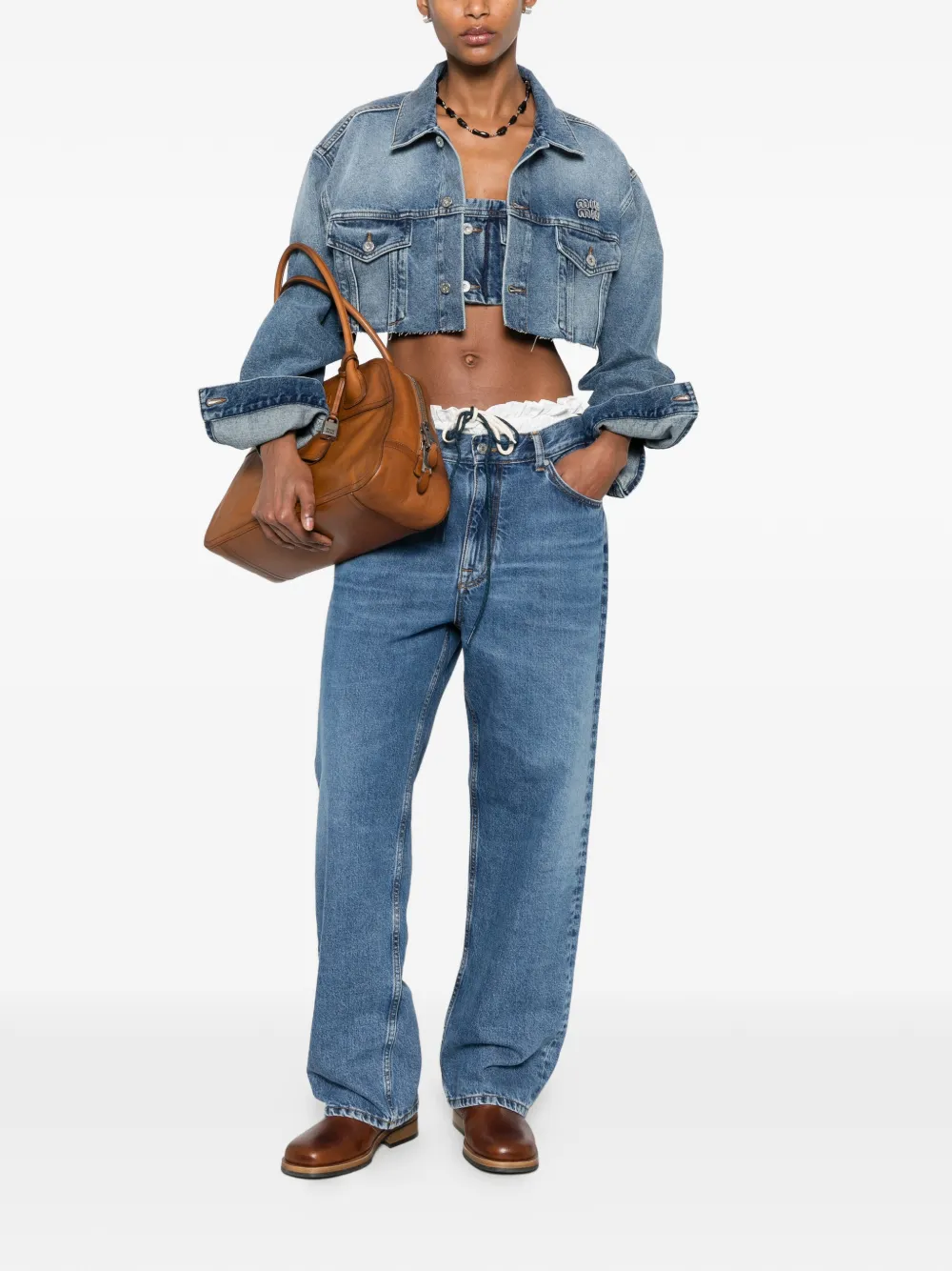 Miu Cropped spijkerjack met geborduurd logo Blauw