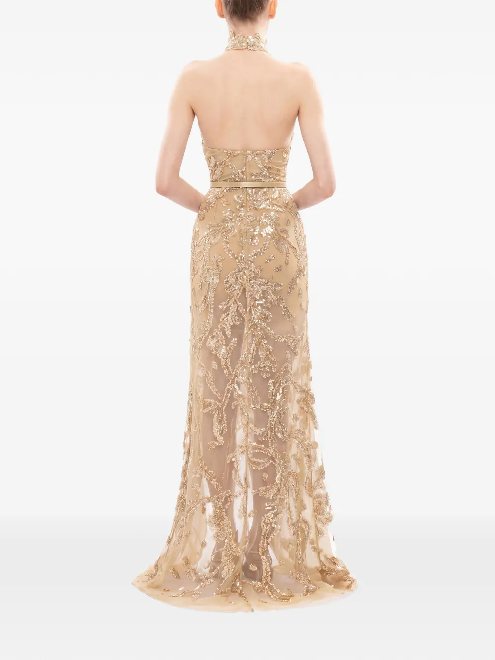 Saiid Kobeisy Maxi-jurk met pailletten en halternek Beige