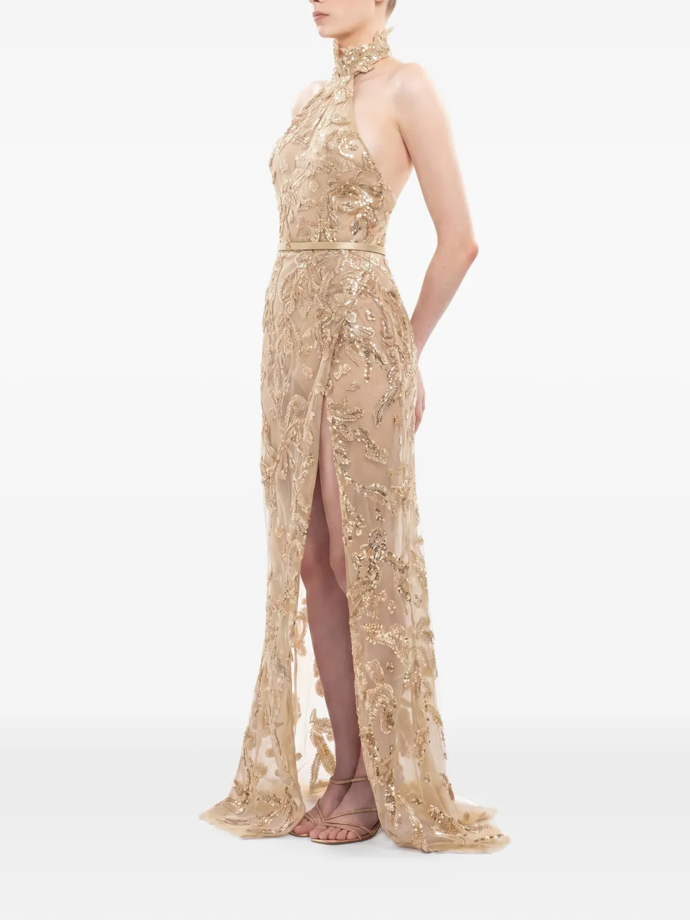 Saiid Kobeisy Maxi-jurk met pailletten en halternek Beige