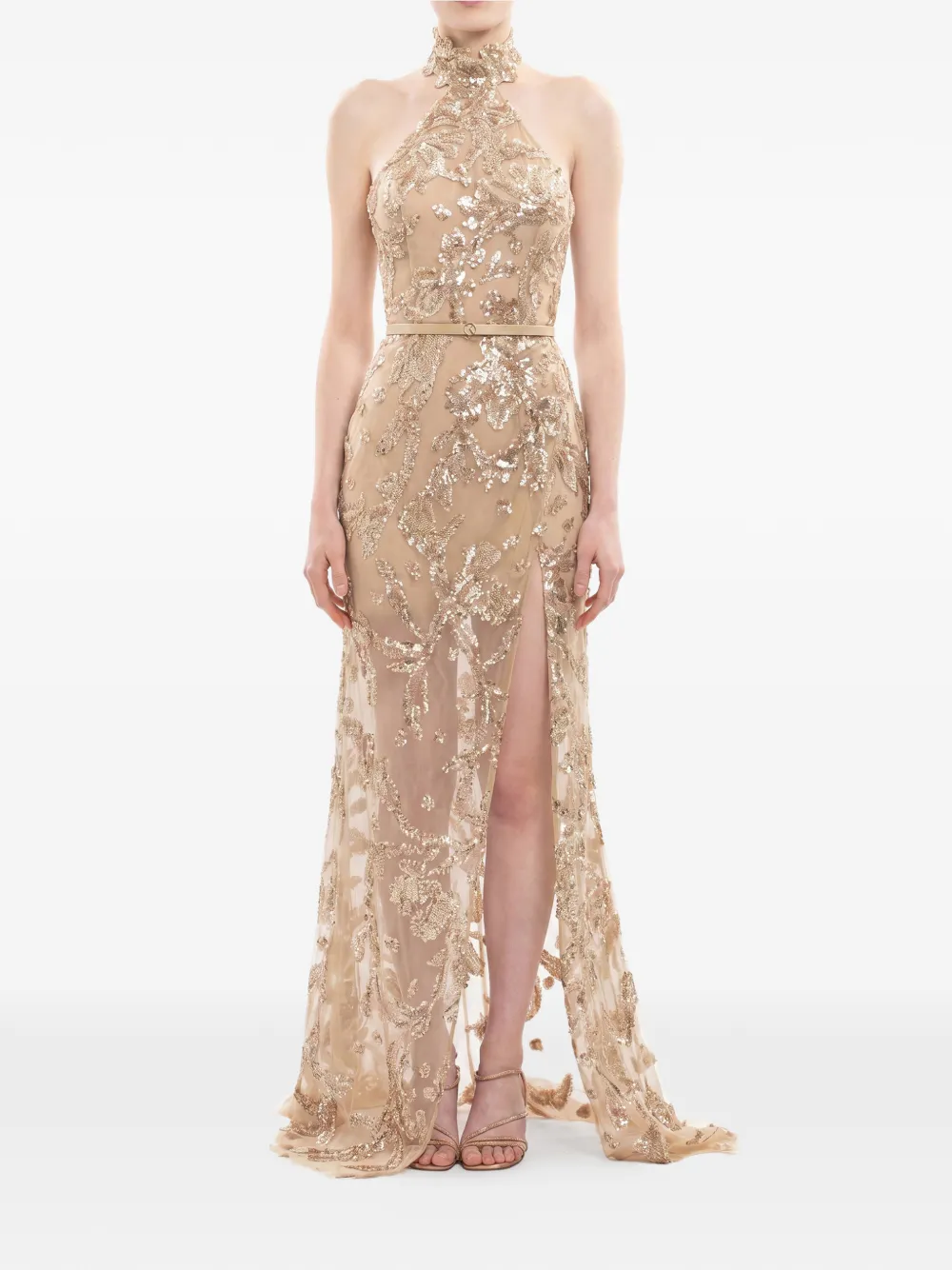 Saiid Kobeisy Maxi-jurk met pailletten en halternek Beige
