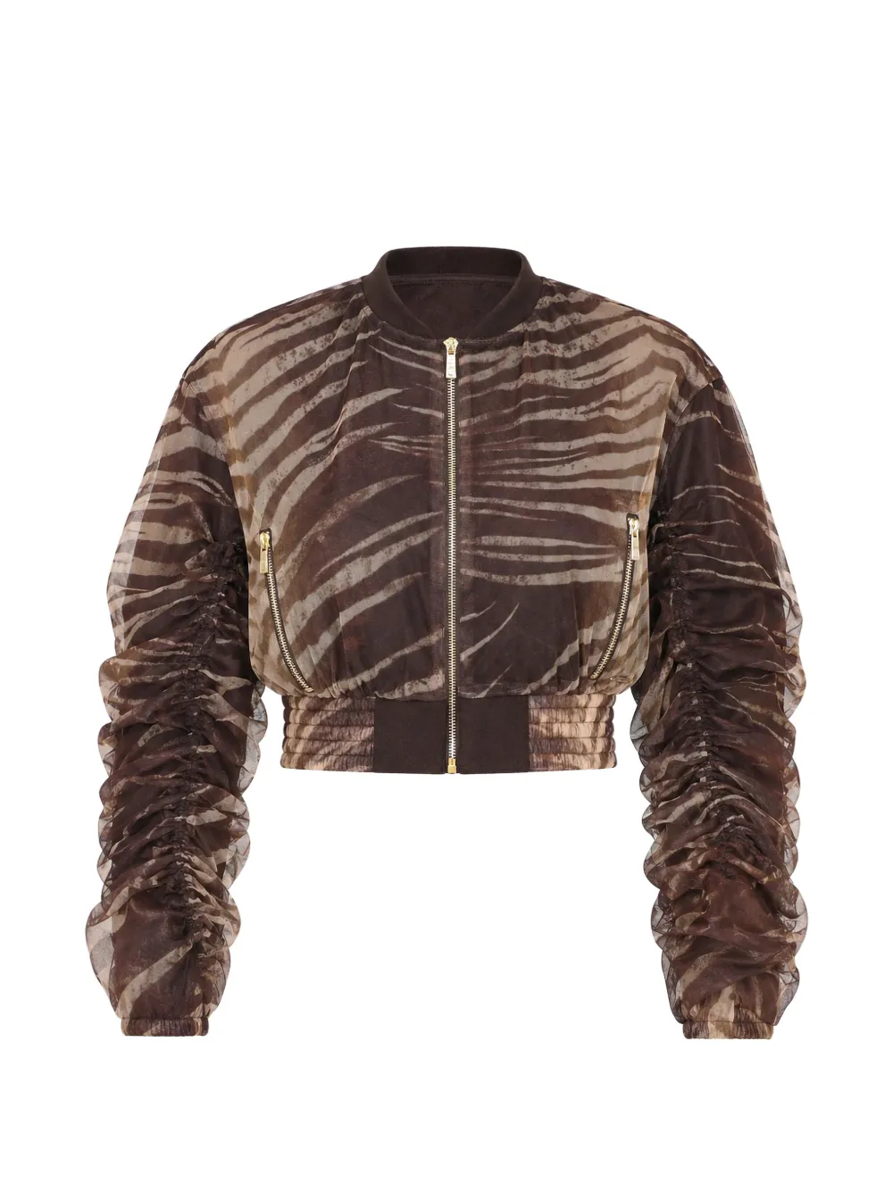 Just Cavalli zebra-print ruched-sleeve zip-up jacket - Marrone