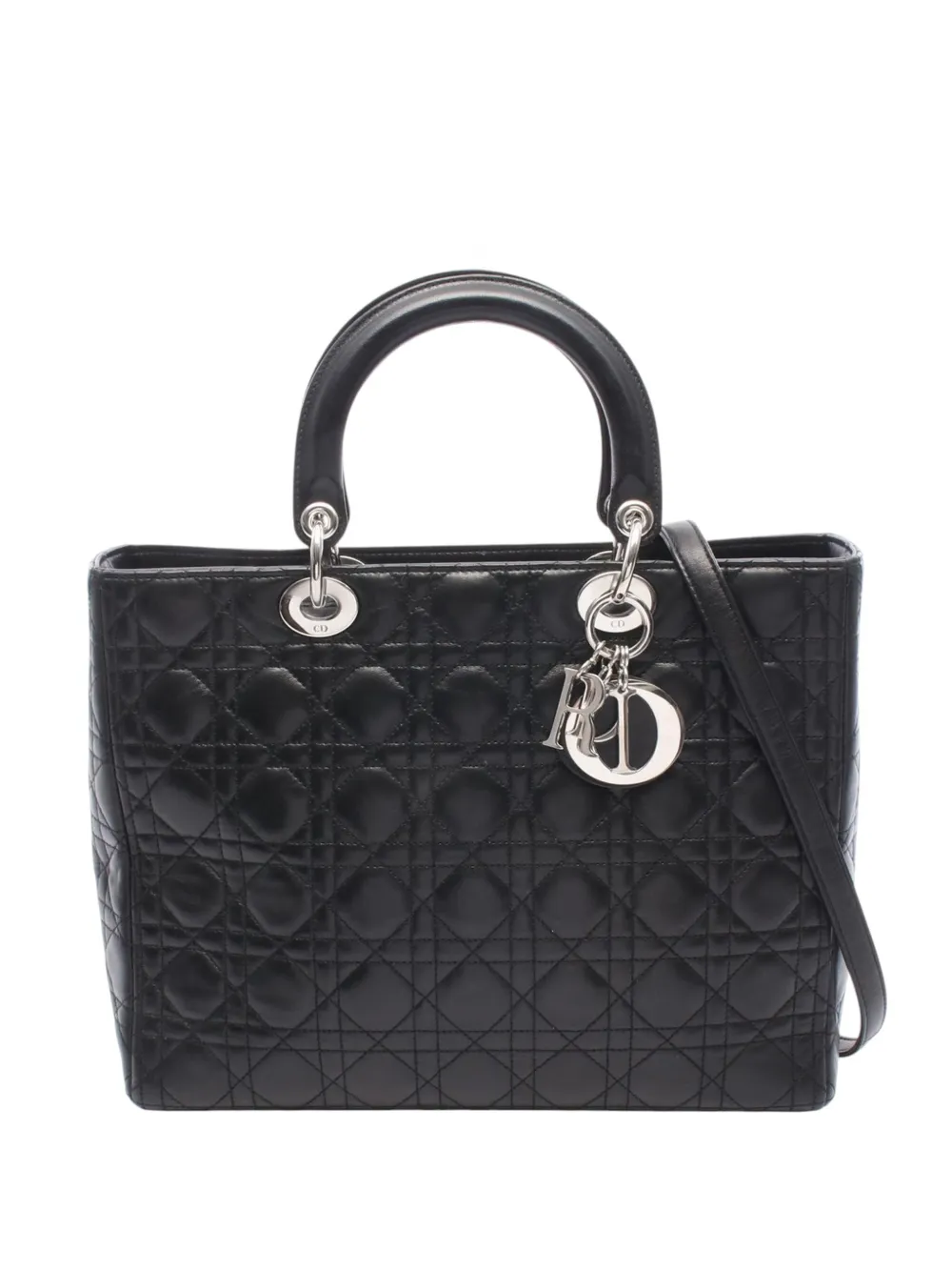 Pre-owned Dior 2010-2026 Large Lambskin Cannage Lady  Satchel In Black