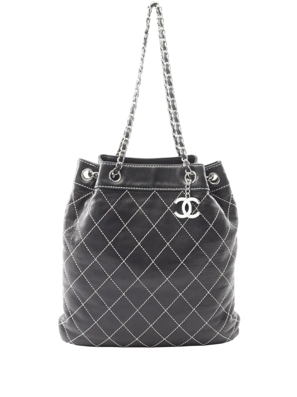 Pre-owned Chanel 2005-2006 Cc Quilted Lambskin Surpique Bucket Tote Bag In Black
