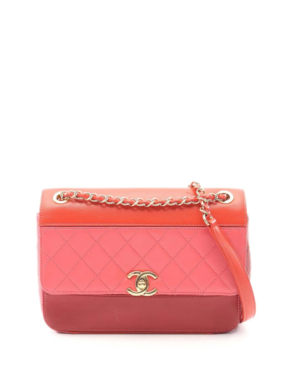 Pre-owned Chanel 2019 Cc Quilted Lambskin Tricolor Single Flap Shoulder Bag In Red