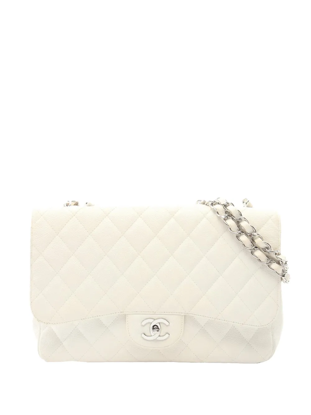 Pre-owned Chanel 2006-2008 Jumbo Classic Caviar Single Flap Shoulder Bag In White