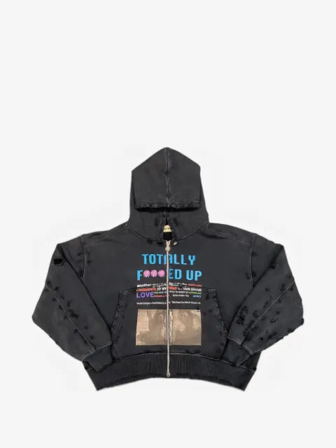 astrum TFU zip-up distressed-detailing graphic-print hoodie