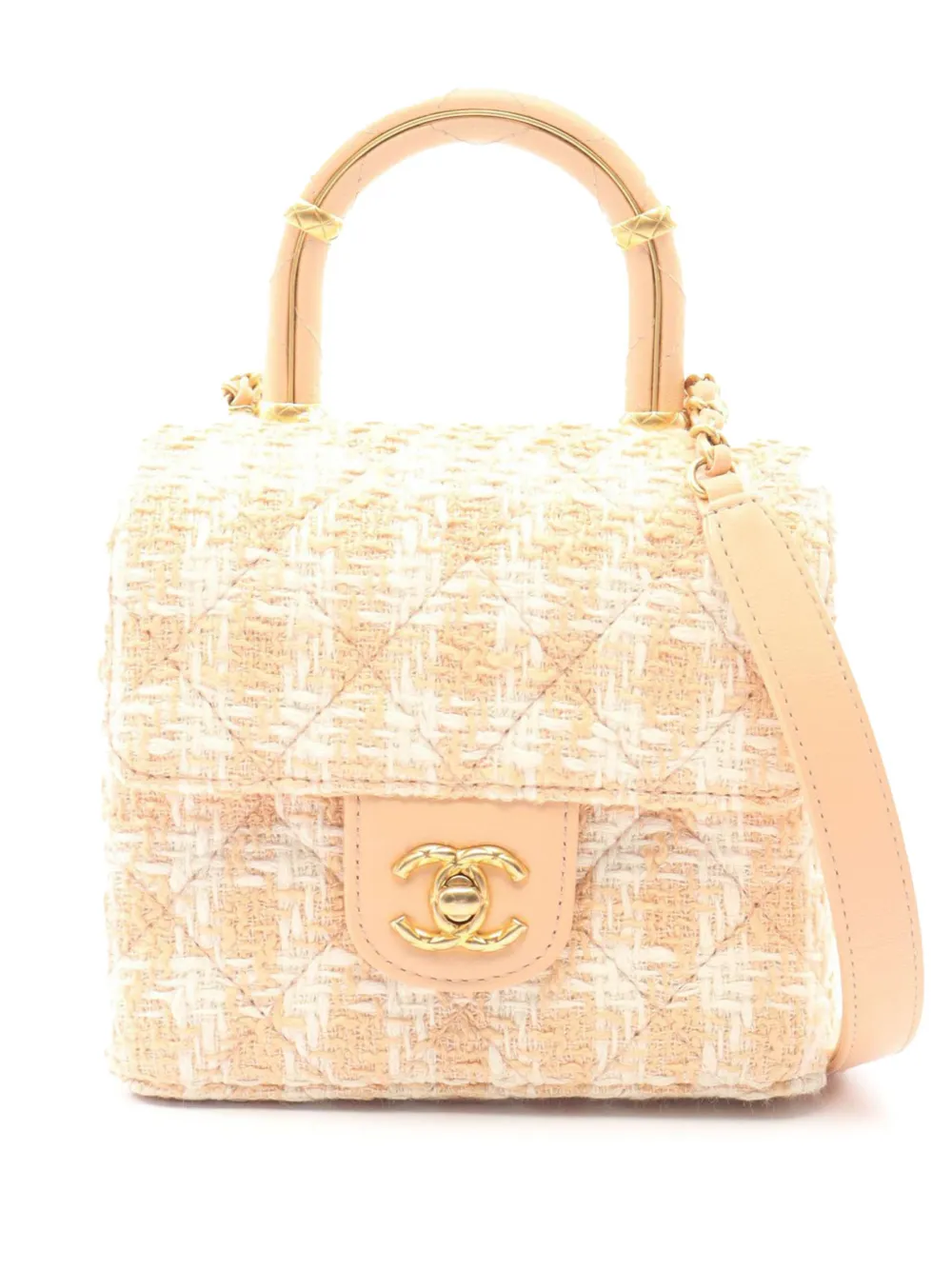 Pre-owned Chanel 2021-2026 Quilted Tweed Crush Top Handle Flap Satchel In Pink