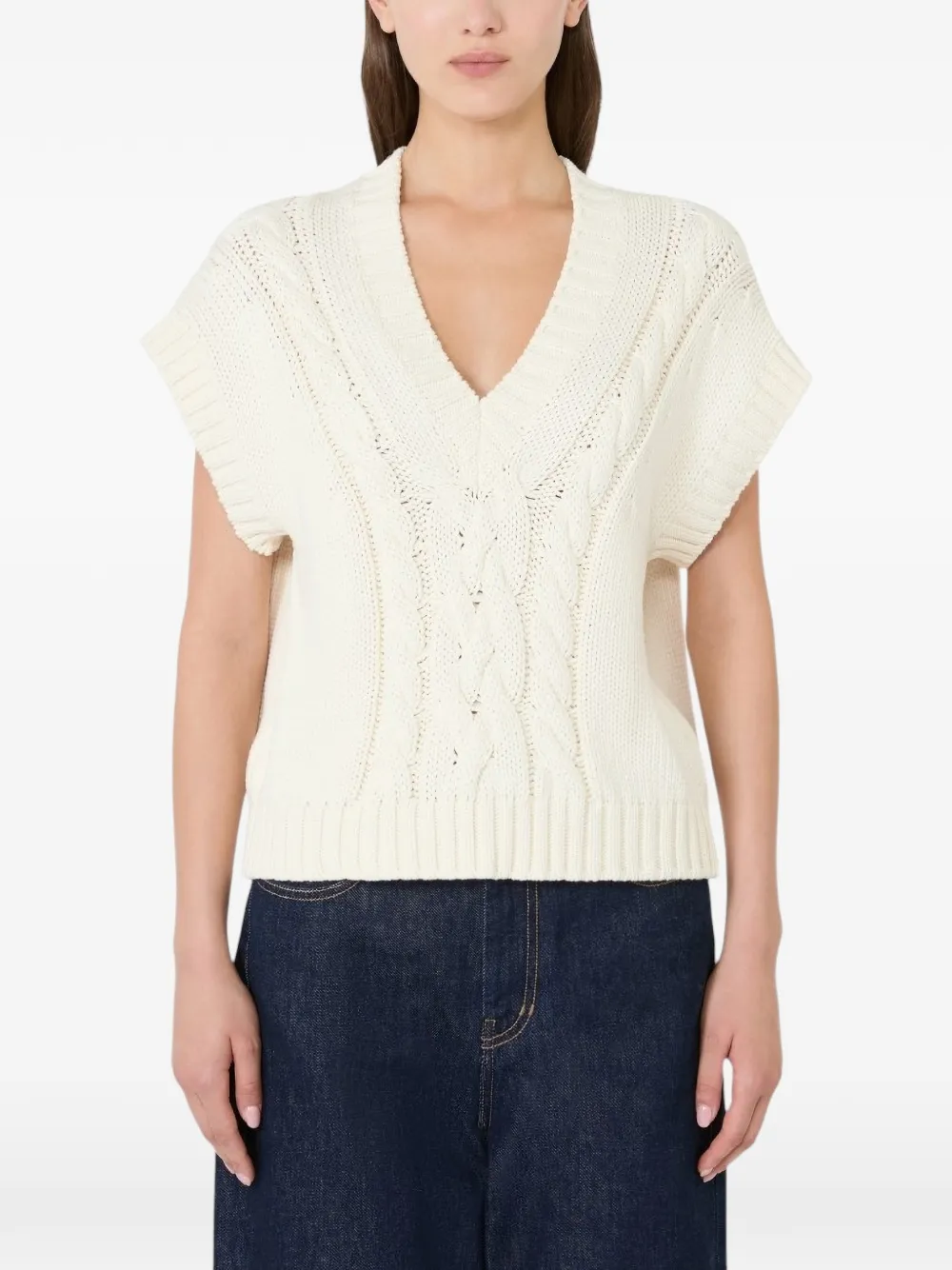 Weekend Max Mara Kabelgebreid T-shirt met V-hals Beige