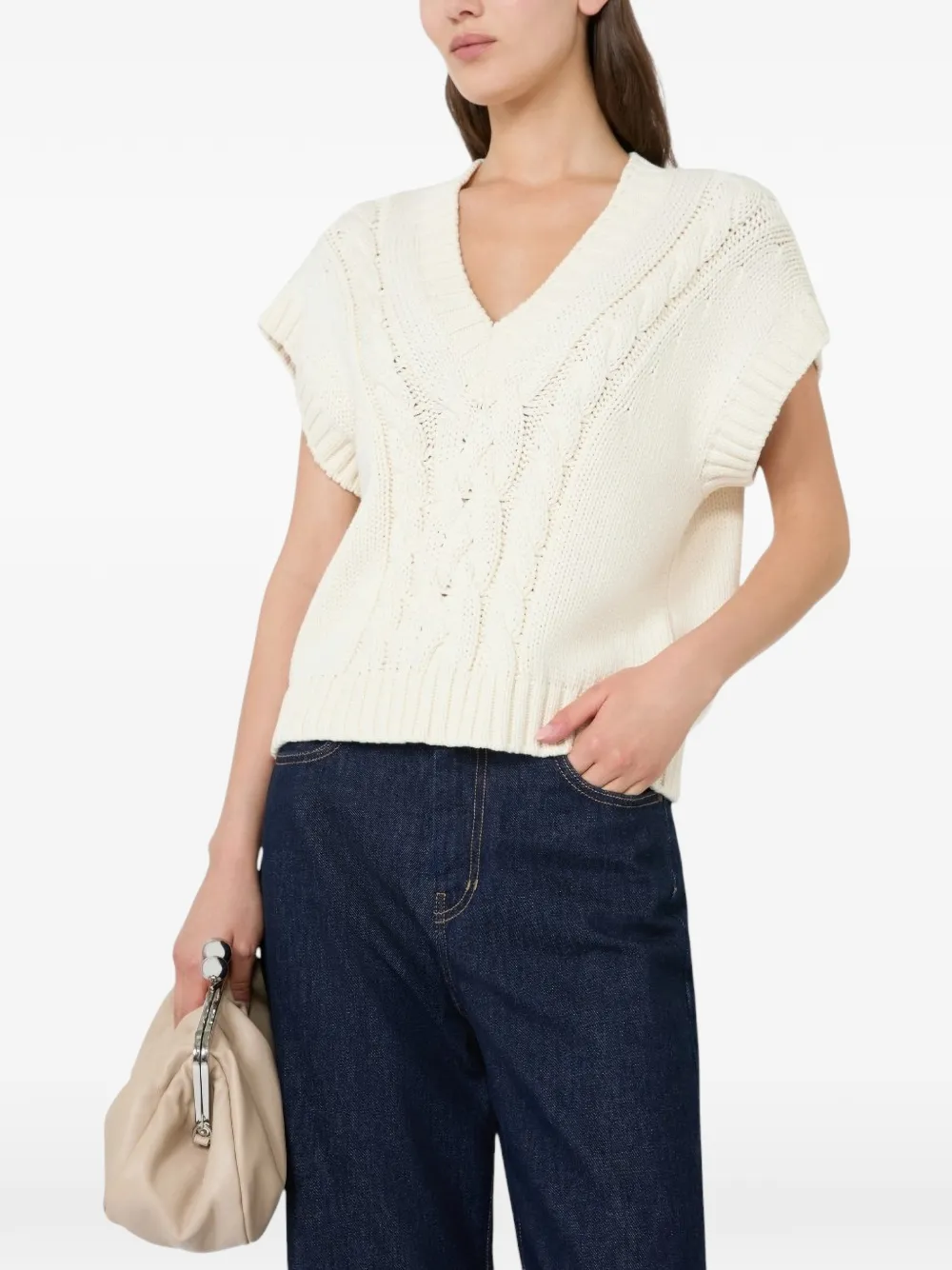 Weekend Max Mara Kabelgebreid T-shirt met V-hals Beige