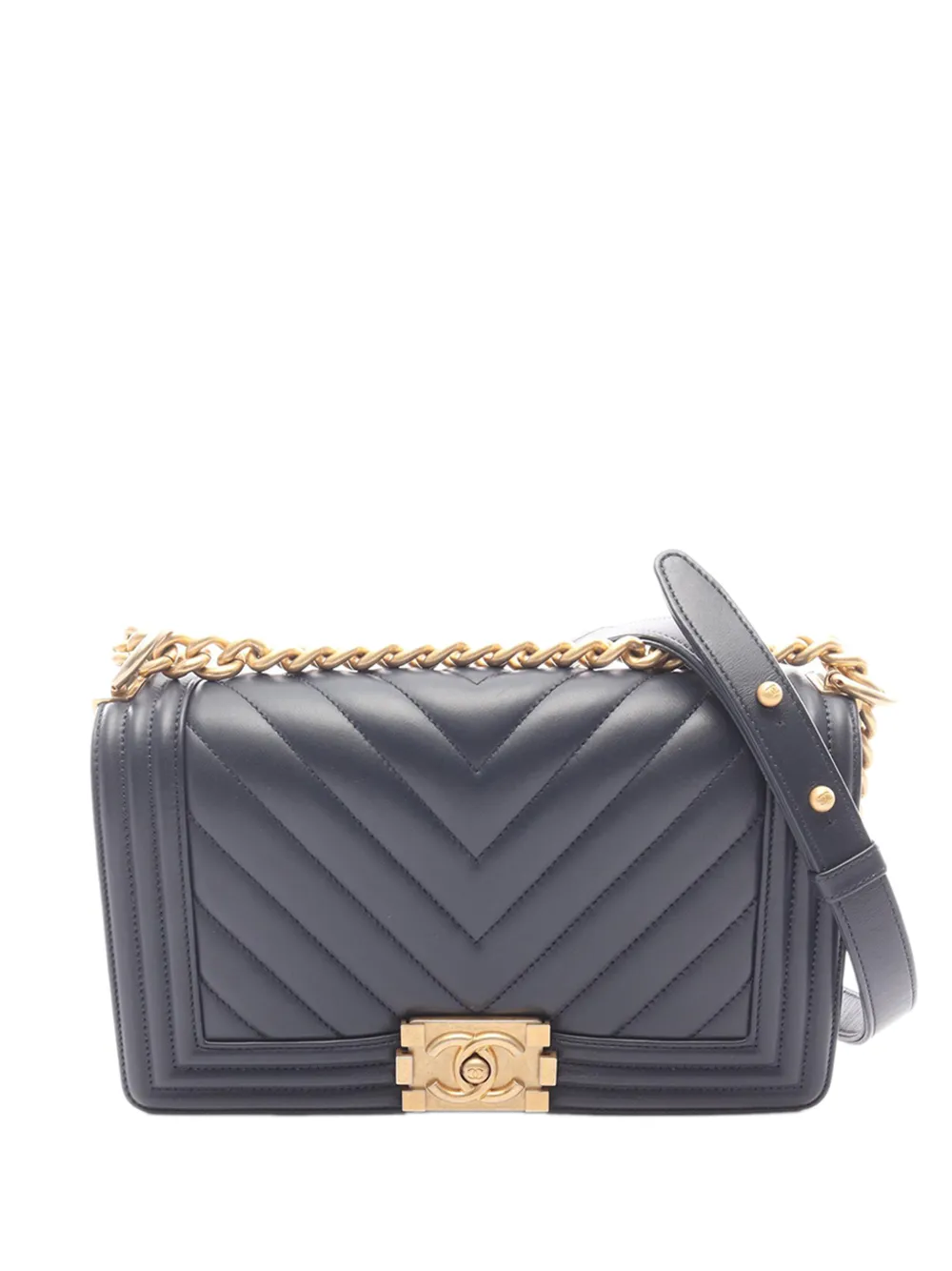 Pre-owned Chanel 2018 Small Chevron Lambskin Boy Flap Shoulder Bag In Blue