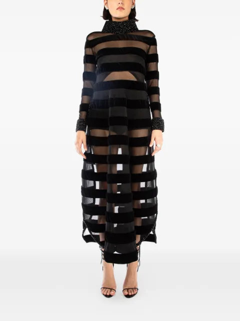 Ln’R Vestido longo listrado de veludo com cristais