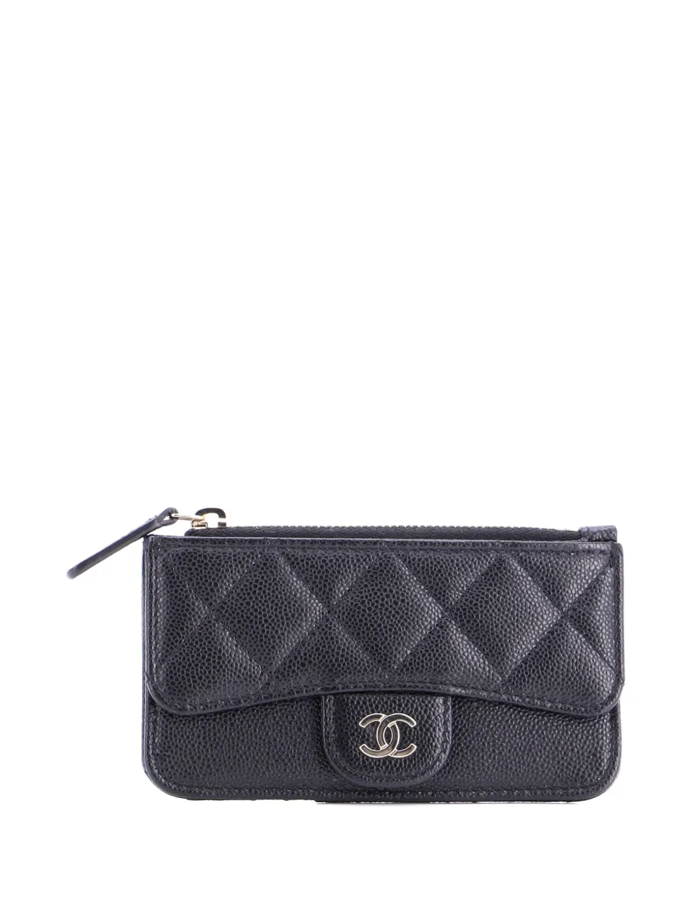 Pre-owned Chanel Flap Zip Quilted Caviar Card Holder In Black
