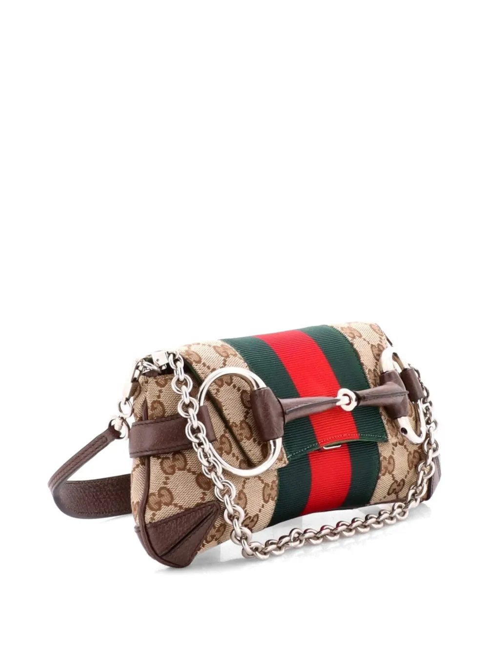  Gucci Pre-owned Borsa A Spalla Horsebit Nm Piccola In Tela Gg Con Decorazione Web E Catena - Marrone 
