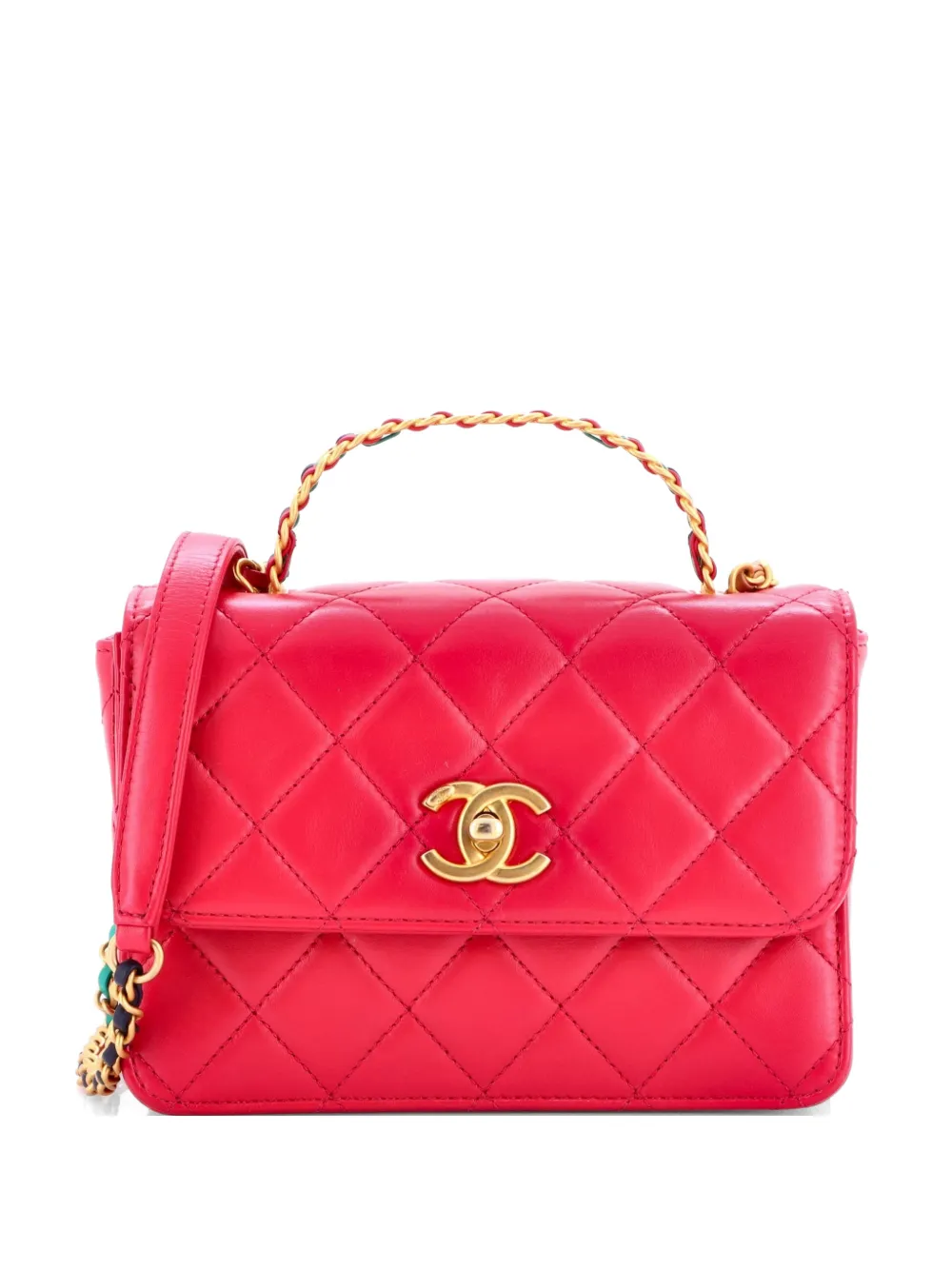 CHANEL Pre-Owned Logo Links Top Handle Flap Bag Quilted Calfskin Mini satchel - Pink