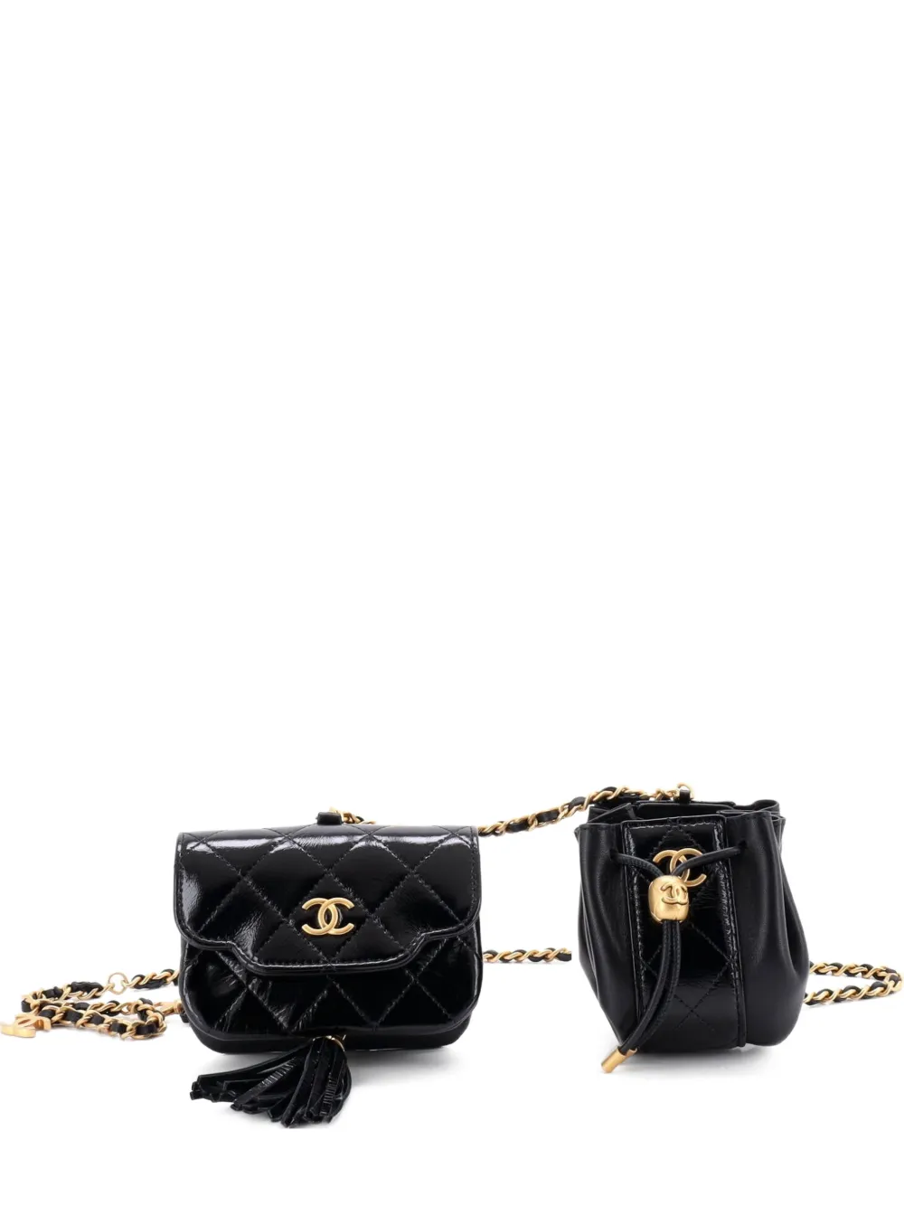 CHANEL Pre-Owned Double Pouch Chain Quilted Shiny Lambskin belt bag - Black