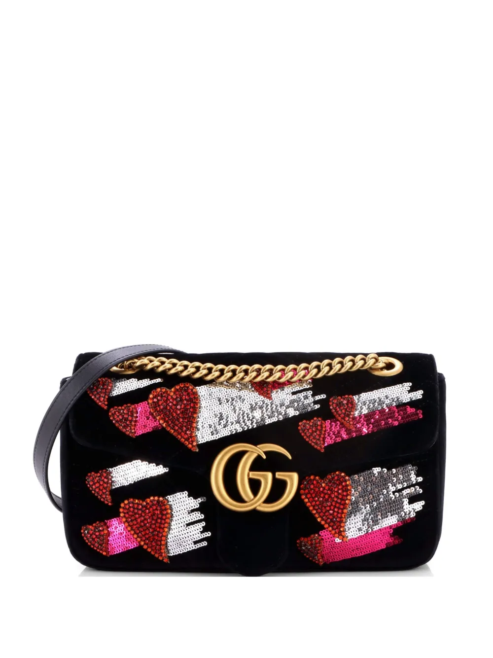 Gucci Pre-Owned GG Marmont Flap Bag Embellished Matelasse Velvet Small crossbody bag - Nero