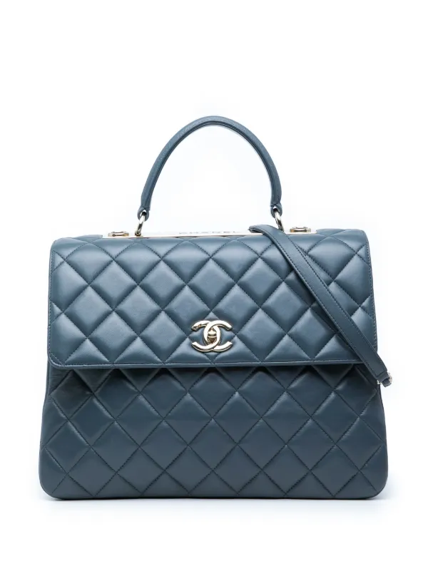 Chanel Pre-owned 2018-2019 Large Lambskin Trendy CC Top Handle Flap Satchel in Blue