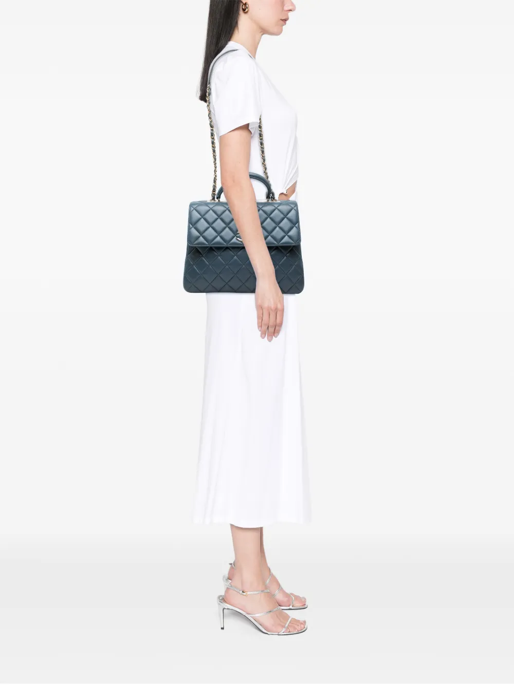 Chanel Pre-owned 2018-2019 Large Lambskin Trendy CC Top Handle Flap Satchel in Blue, view 2