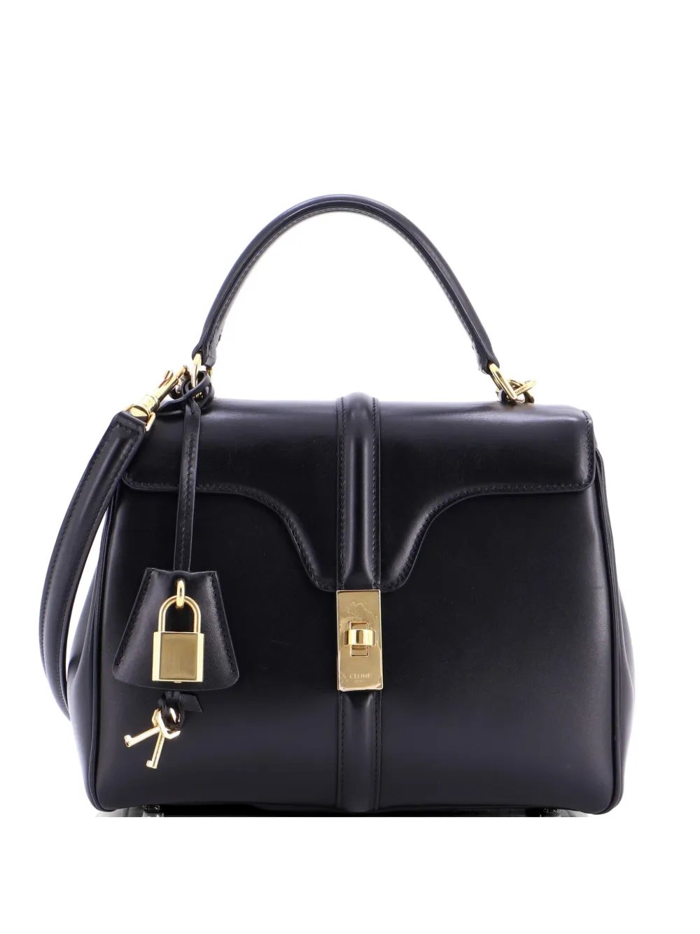 Pre-owned Celine 16 Top Handle Bag Smooth Calfskin Small Satchel In Black