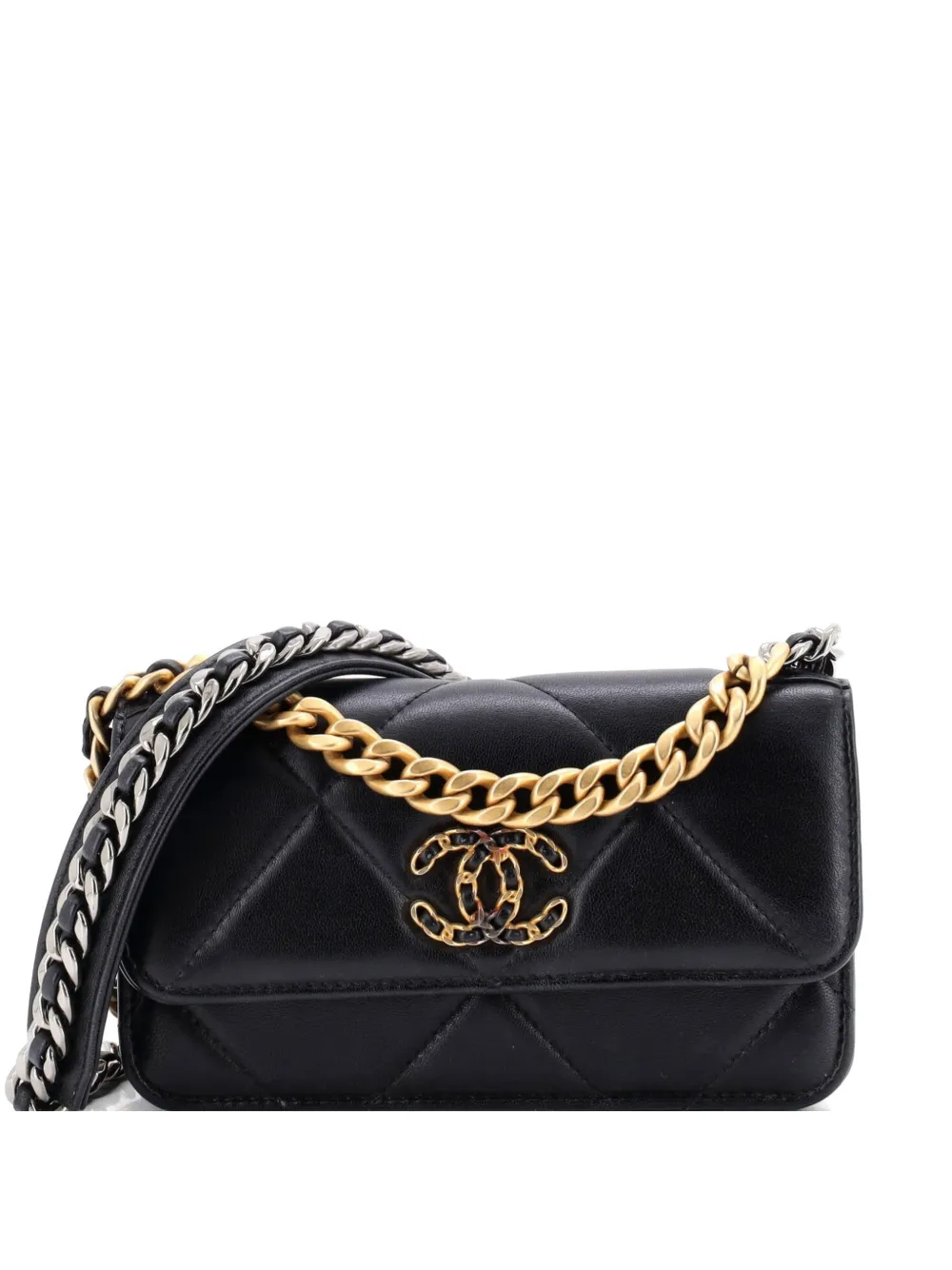 CHANEL Pre-Owned 19 Flap Phone Holder with Chain Quilted Lambskin crossbody bag - Nero