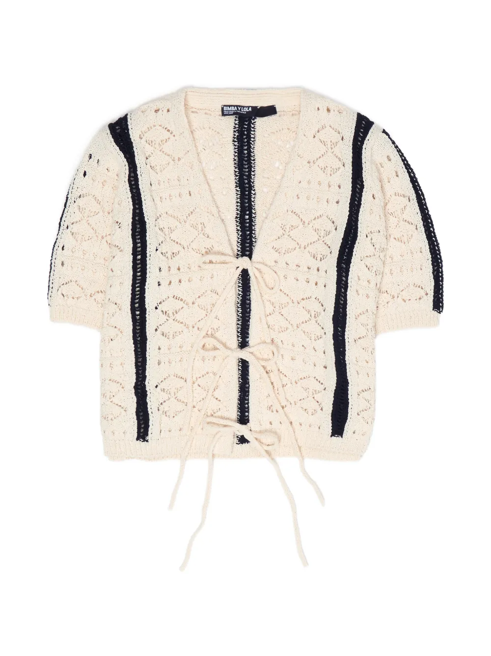 Bimba y Lola crochet-knit striped short-sleeved cardigan - Neutrals