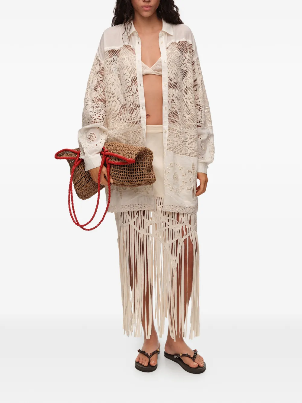 BIMBA Y LOLA Broderie anglaise blouse met kanten vlakken Beige
