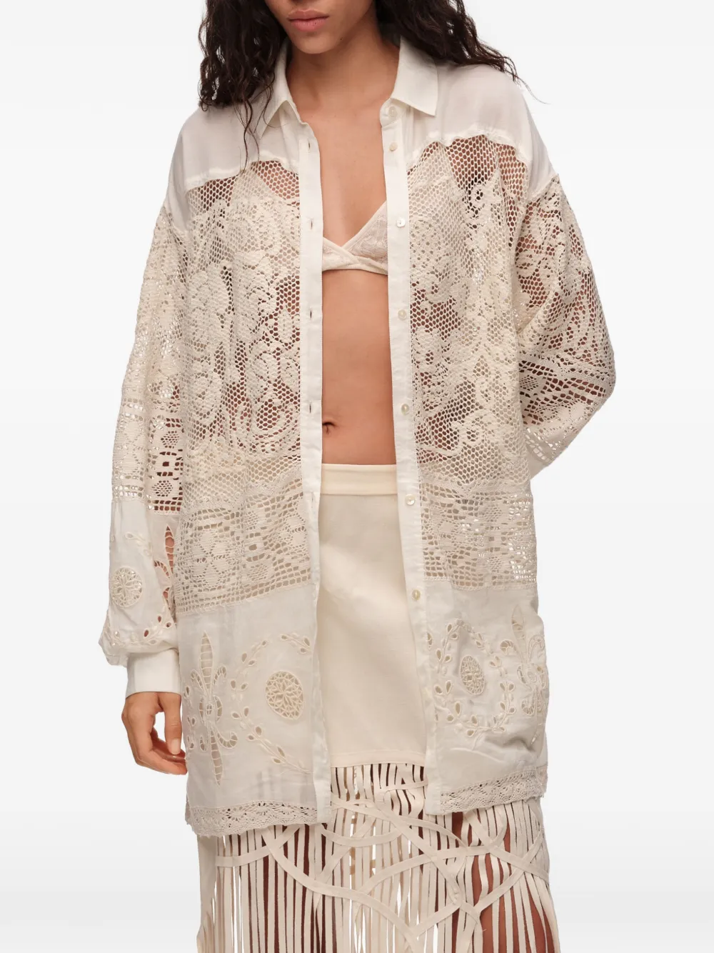 BIMBA Y LOLA Broderie anglaise blouse met kanten vlakken Beige