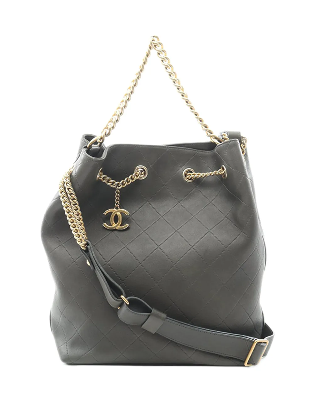 Pre-owned Chanel 2016-2017 Quilted Calfskin On My Drawstring Bag Shoulder Bag In Green
