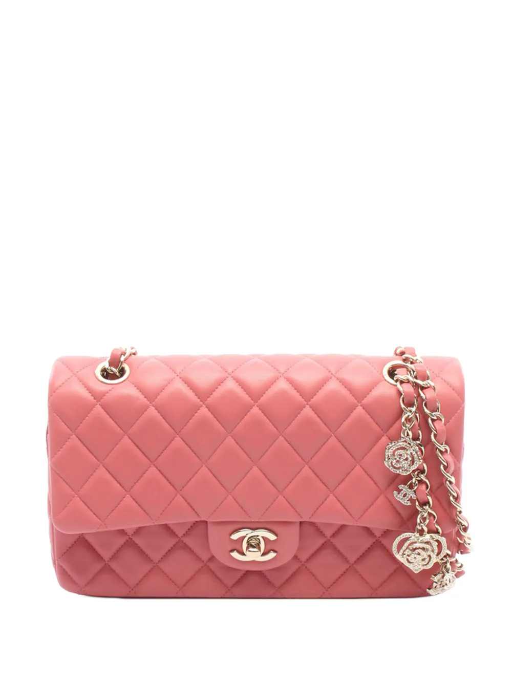 Pre-owned Chanel 2014 Medium Classic Lambskin Valentines Heart Charms Single Flap Shoulder Bag In Pink