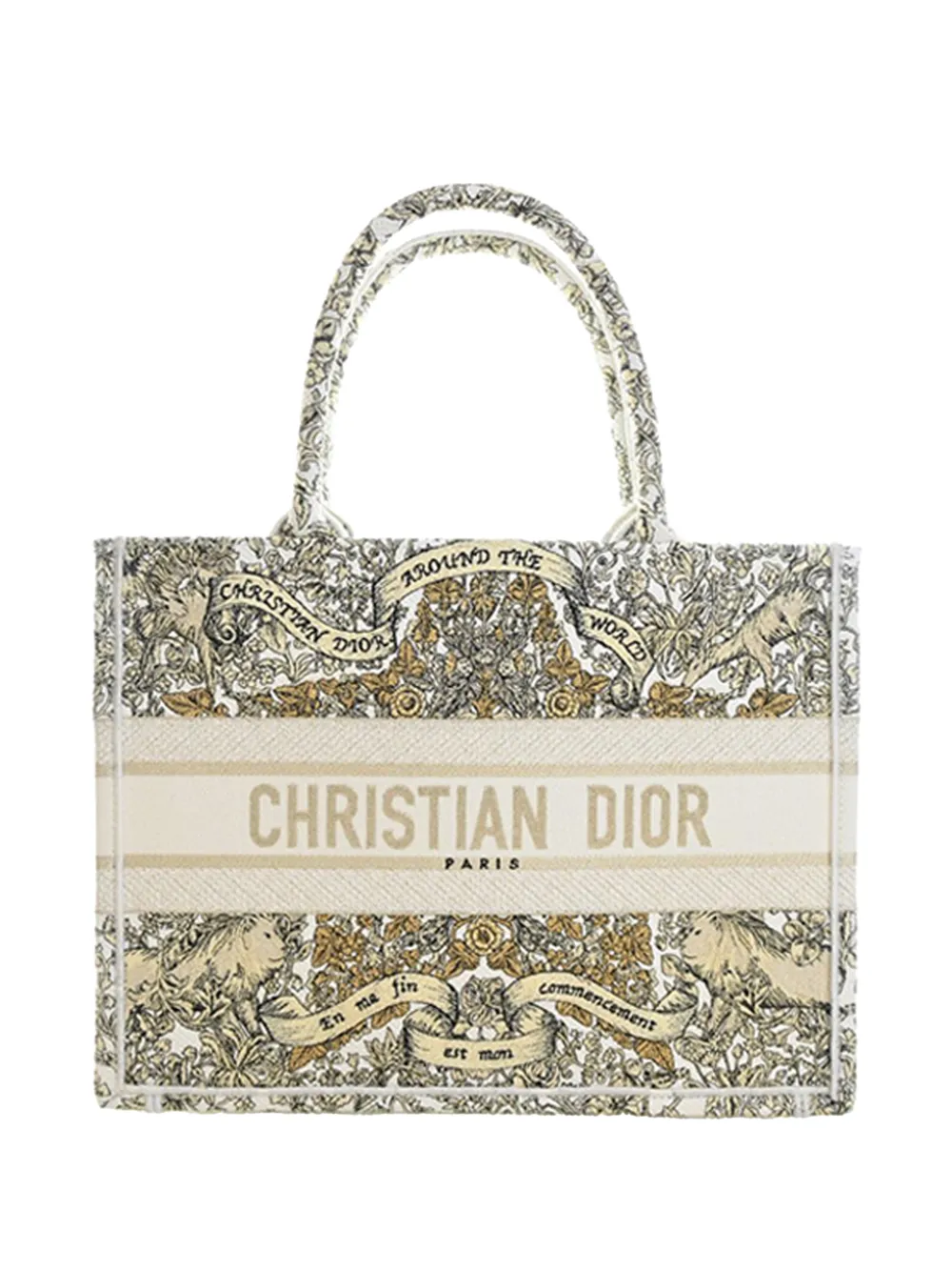 Pre-owned Dior 2024 Medium Canvas Embroidered Around The World Book Tote Satchel In White