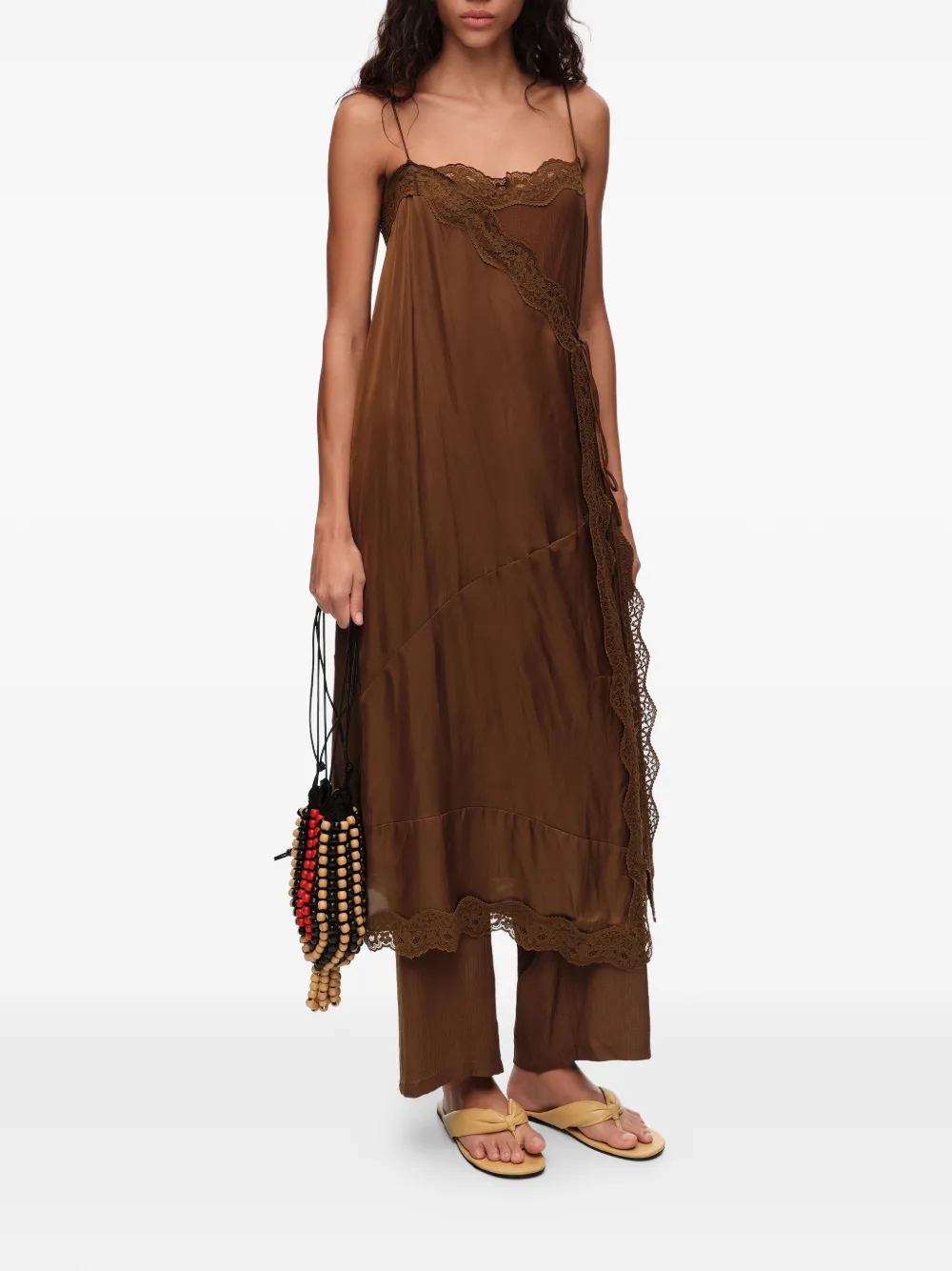 BIMBA Y LOLA Hybride maxi-wikkeljurk met broekrok en kanten afwerking Bruin