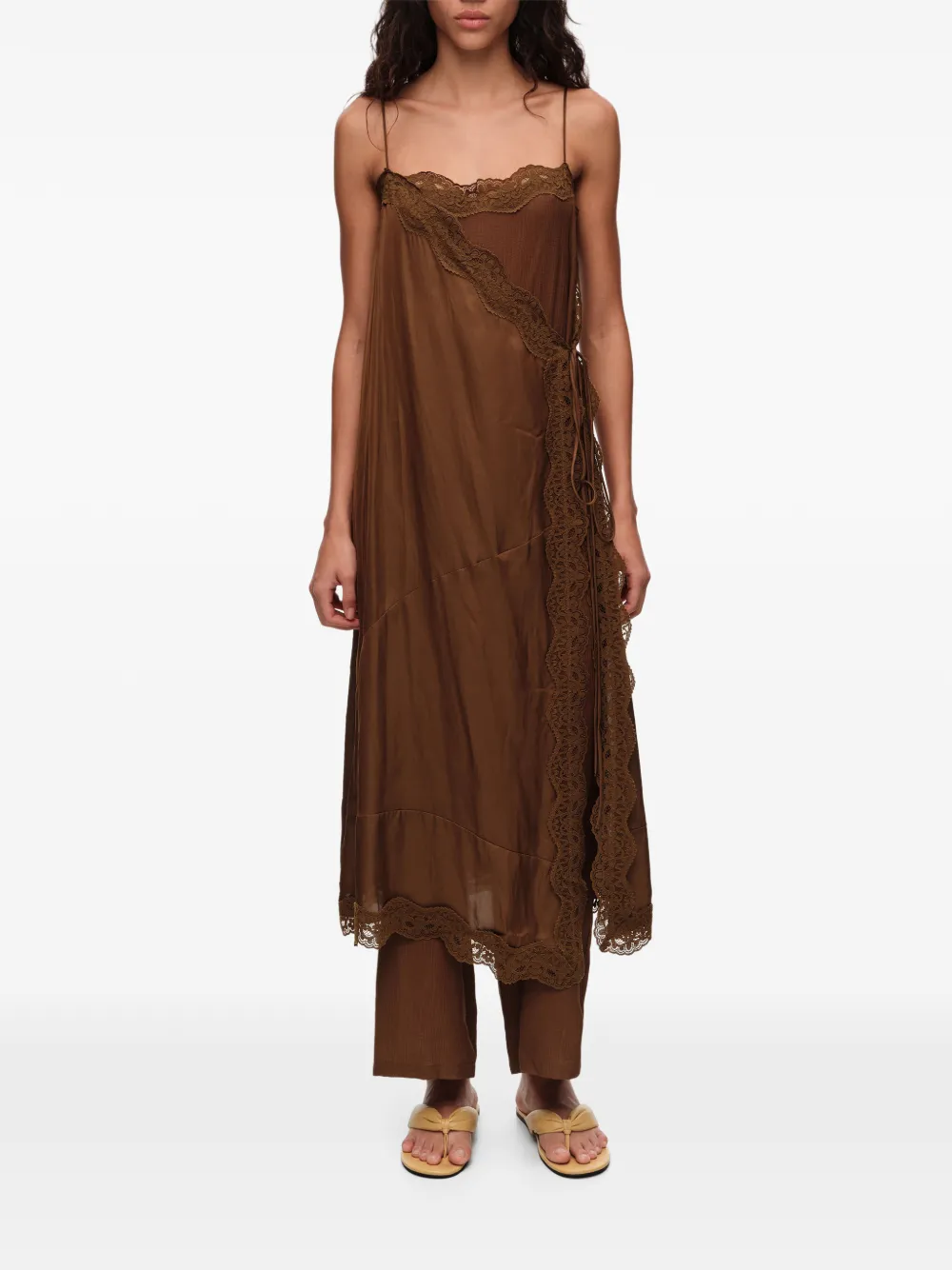 BIMBA Y LOLA Hybride maxi-wikkeljurk met broekrok en kanten afwerking Bruin