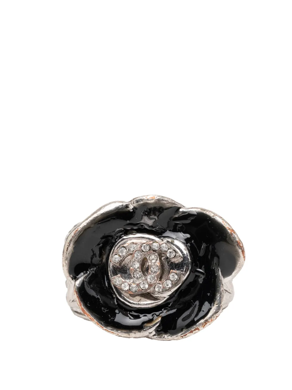 CHANEL Pre-Owned 2004 CC Brass and Strass Enamel Camellia Ring costume ring - Black