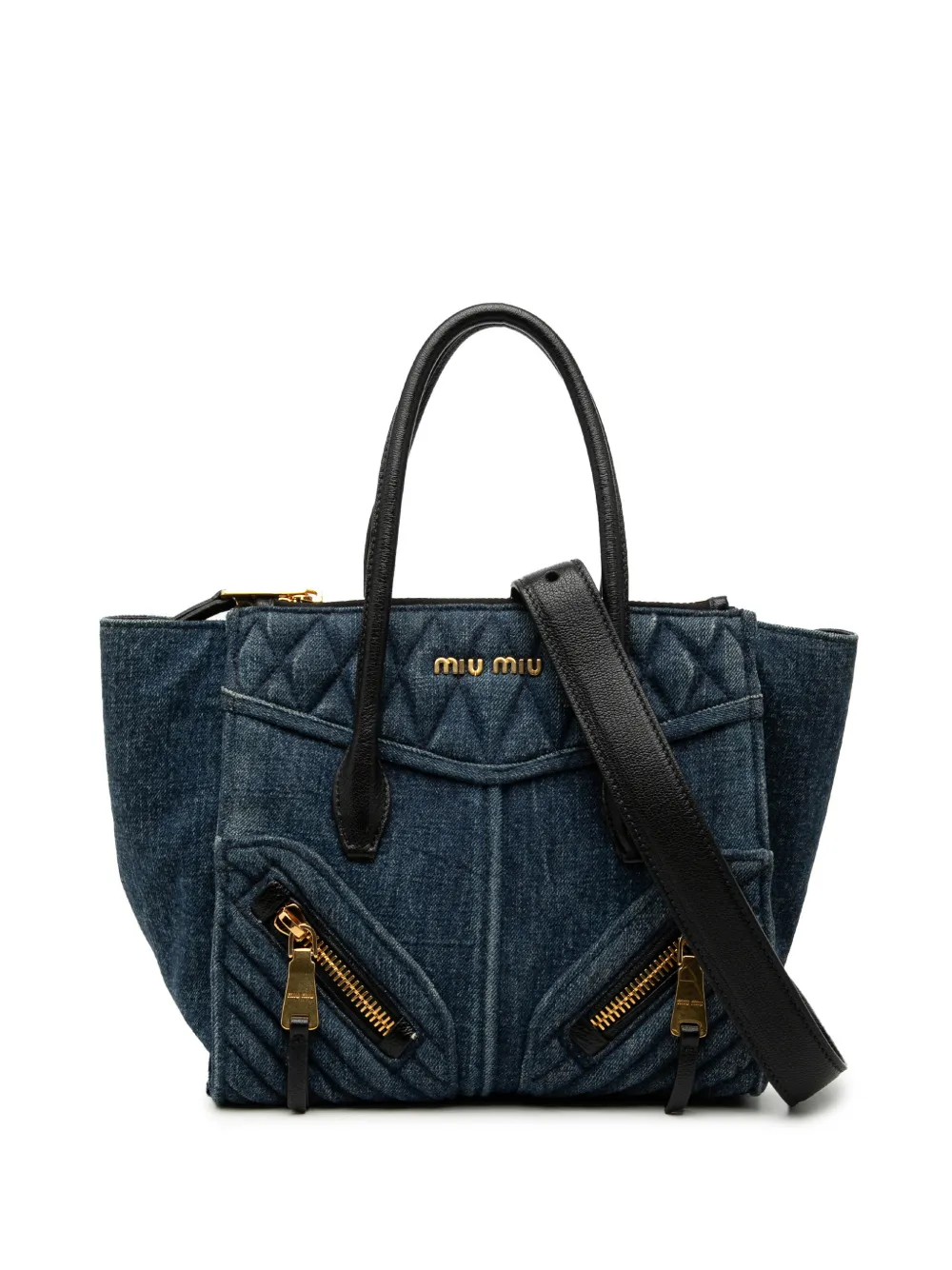 Pre-owned Miu Miu 2010-2026 Small Matelasse Denim Biker Satchel In Blue