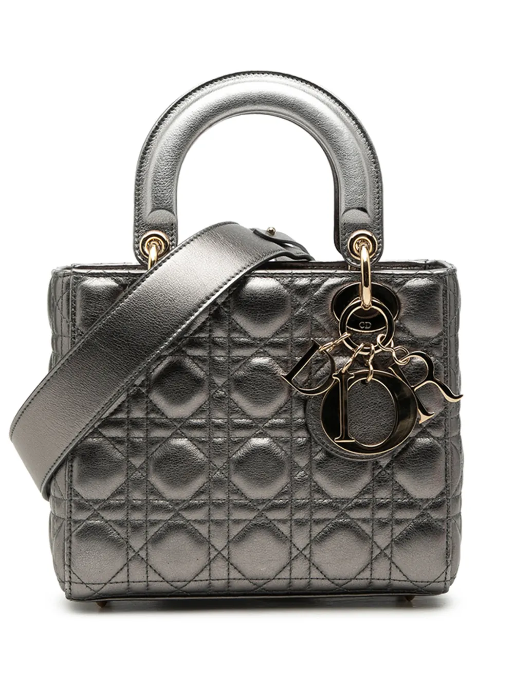 Pre-owned Dior 2019 Small Metallic Lambskin Cannage My Abc Lady  Satchel In Gray