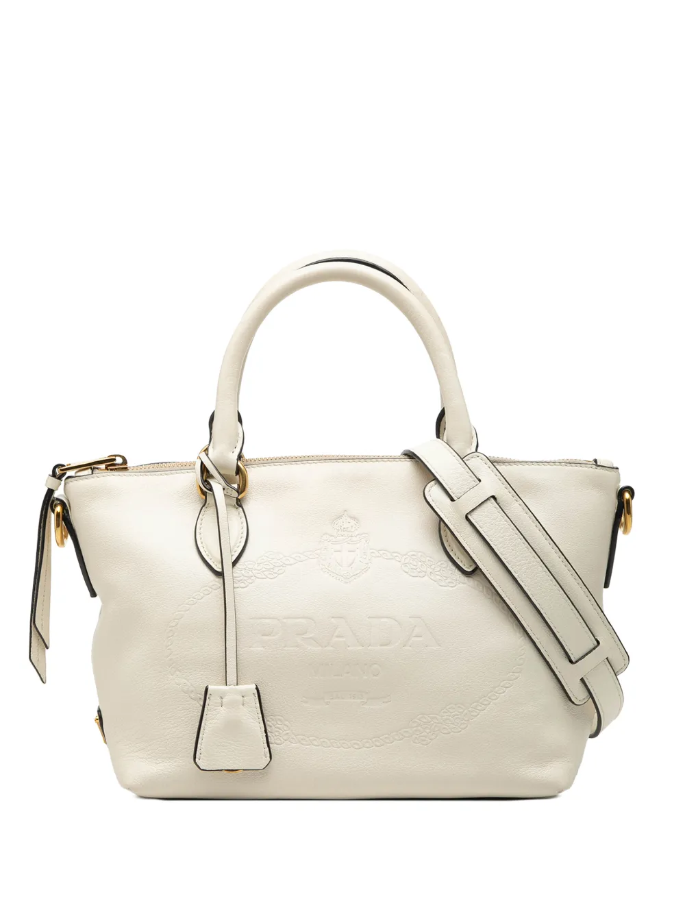 Pre-owned Prada 2010-2026 Small Embossed Glace Calf Logo Convertible Satchel In White