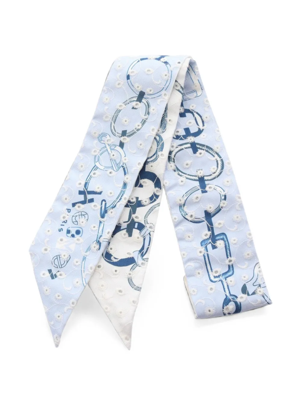 Hermès Pre-Owned 2000s Twilly Do Re Boucles broderie anglaise ribbon scarf - Blu