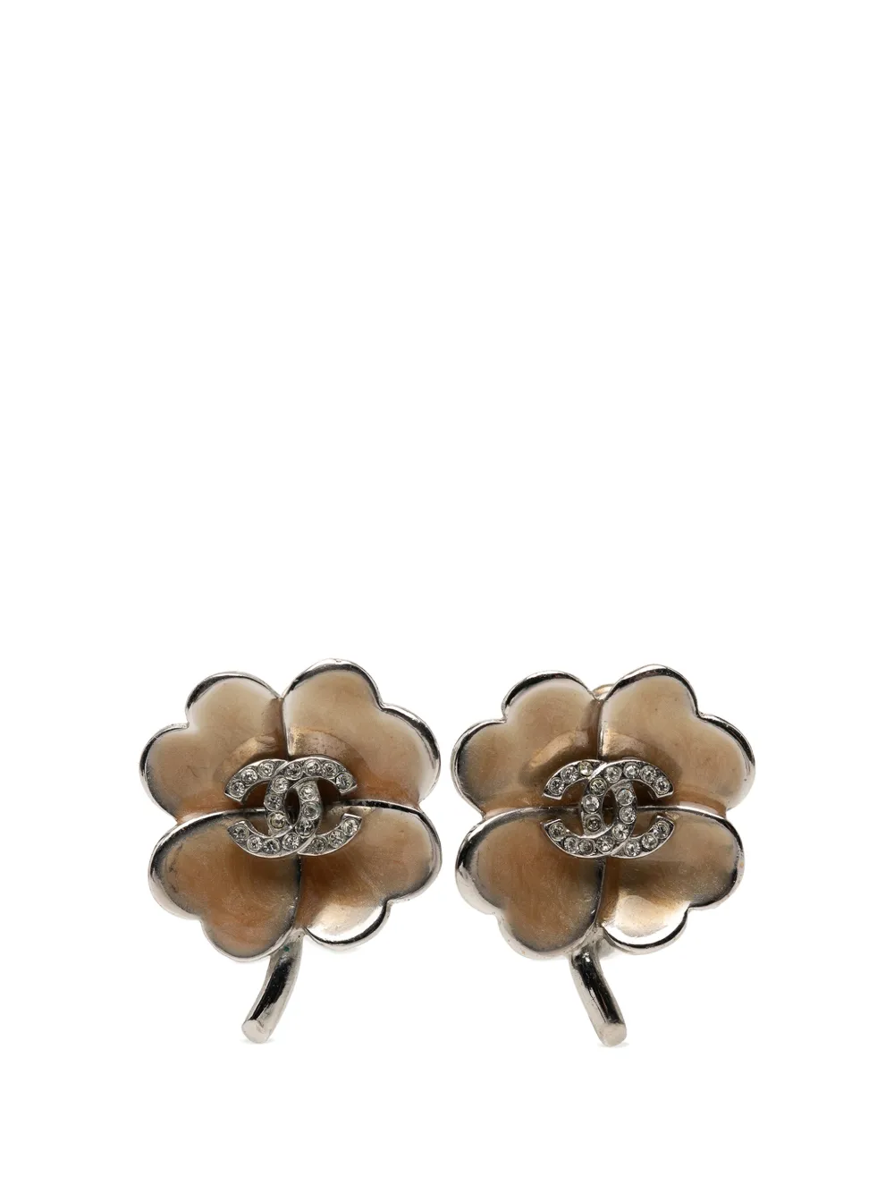CHANEL Pre-Owned 2004 CC Brass Enamel and Strass Clover Clip On Earrings costume earrings - Argento