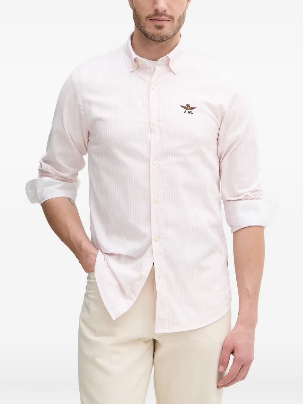 Aeronautica Militare vertical-stripe logo-embroidered shirt - Weiß