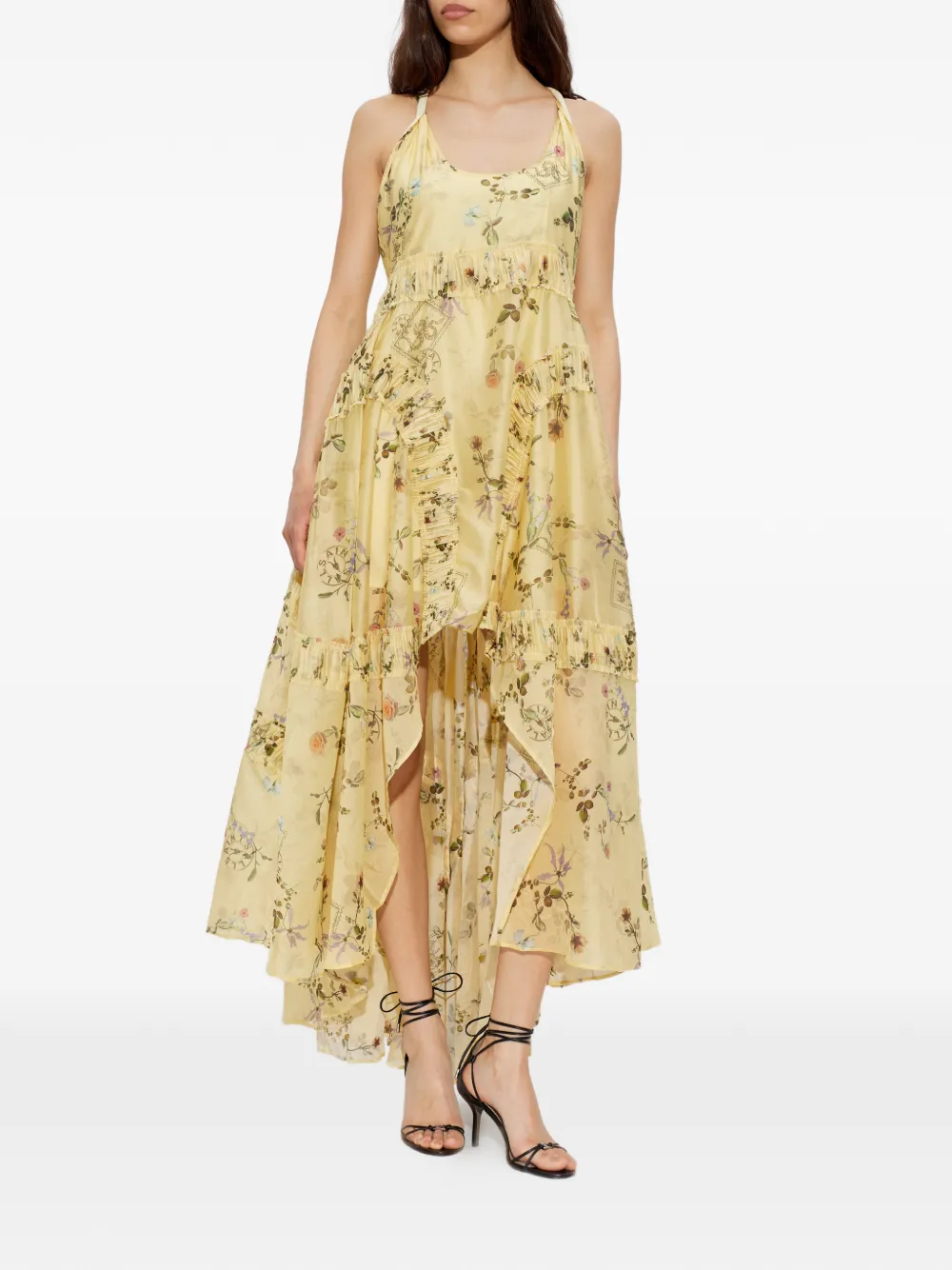 AllSaints Dorina asymmetrische jurk met bloemenprint en ruches Geel