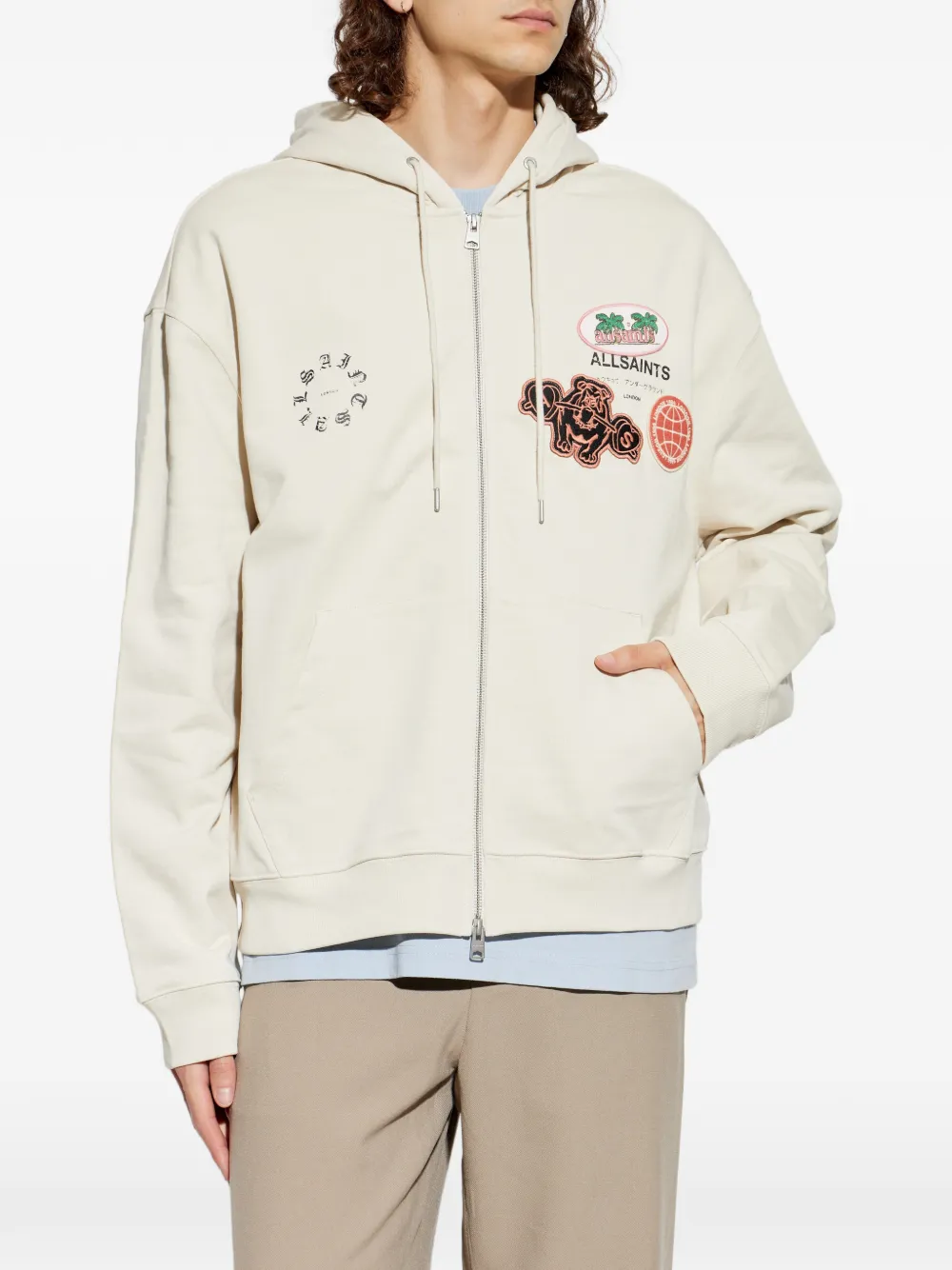 AllSaints Patcher hoodie verfraaid met patch en rits Beige