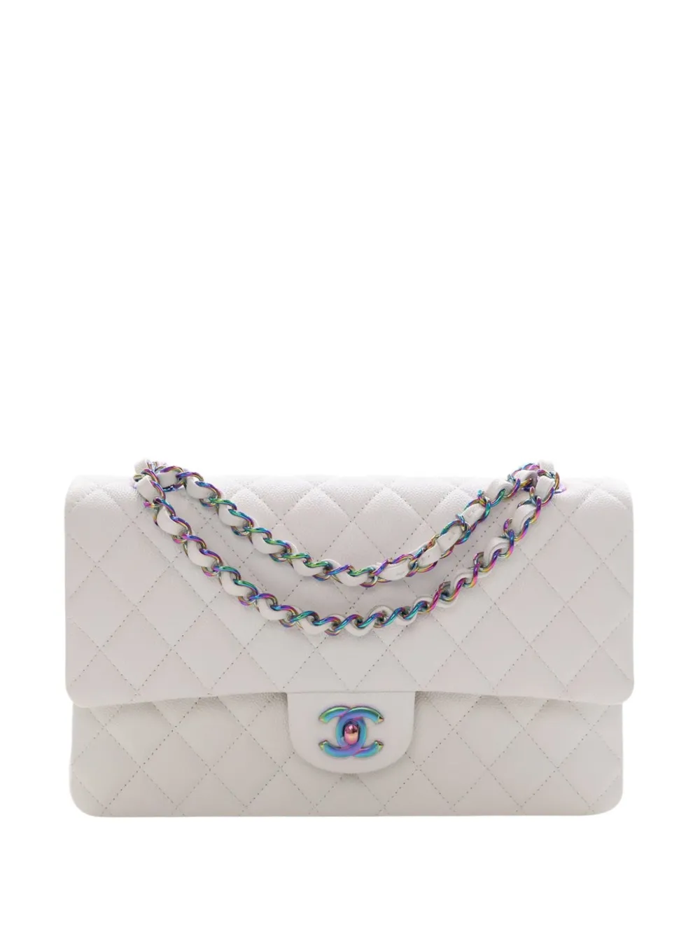 CHANEL Pre-Owned 2019 Medium Classic Caviar Rainbow Hardware Double Flap shoulder bag - Bianco