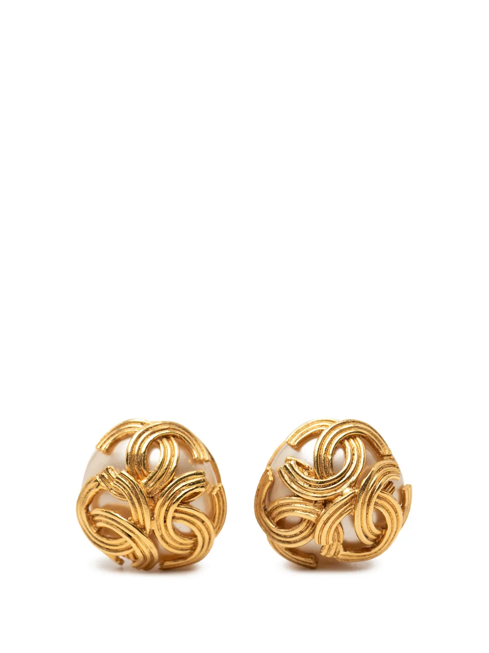 CHANEL Pre-Owned 1994 Gold Plated Triple CC Faux Pearl Clip On Earrings costume earrings - Oro