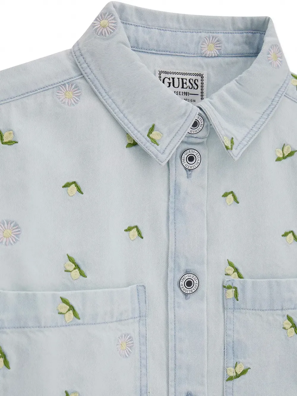guess kids floral-embroidered denim jacket Blauw