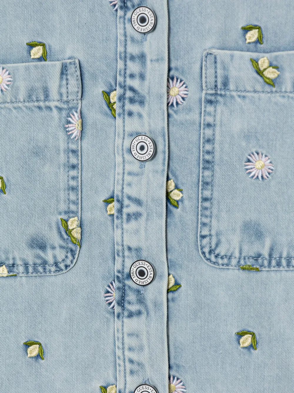 guess kids floral-embroidered denim jacket Blauw