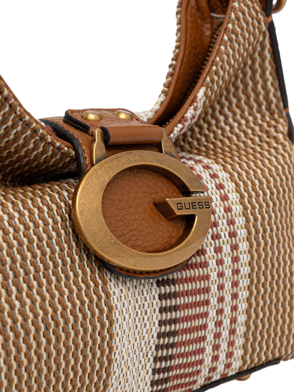 GUESS USA Camdem gestreepte schoudertas met logoplakkaat Bruin